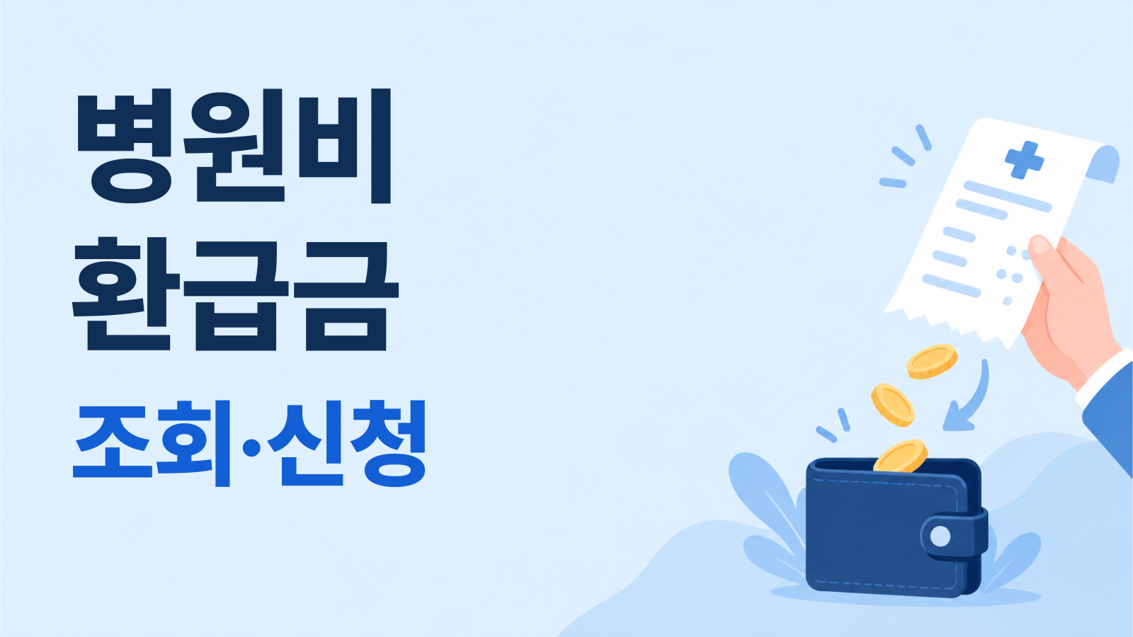 병원비 환급금 조회·신청. 의료비 영수증과 지갑으로 돌아오는 일부 금액을 표현한 그림