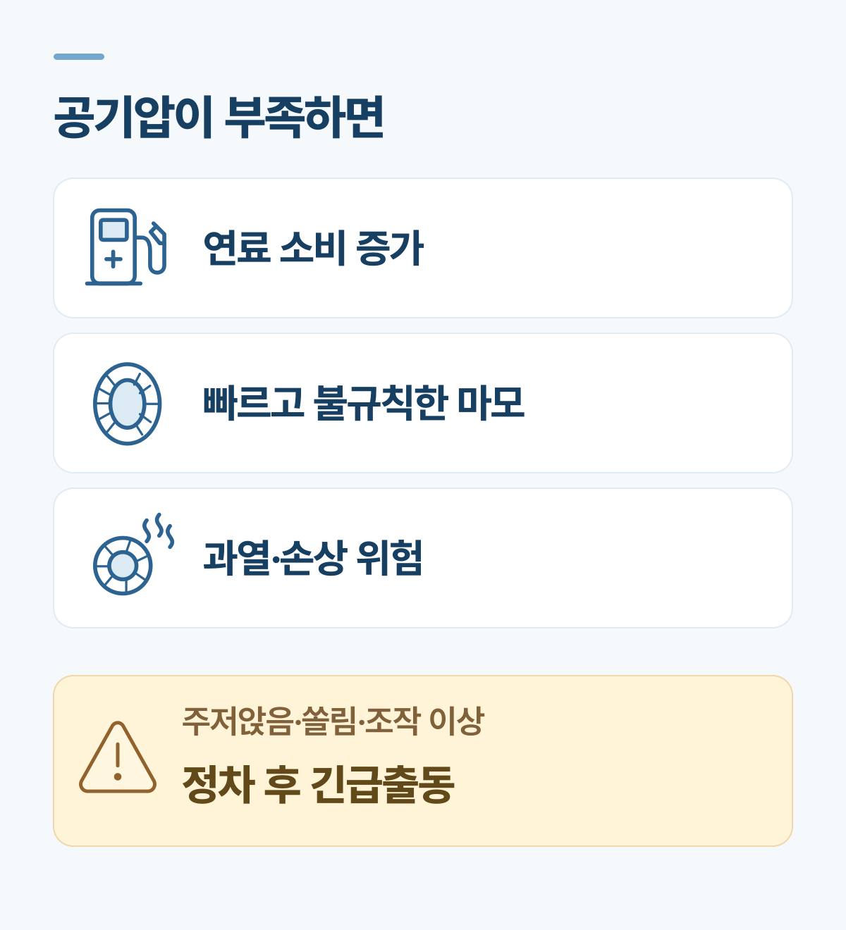공기압이 부족하면 연료 소비 증가, 빠르고 불규칙한 마모, 과열과 손상 위험이 있습니다. 주저앉음, 쏠림, 조작 이상이 있으면 정차 후 긴급출동을 요청하세요
